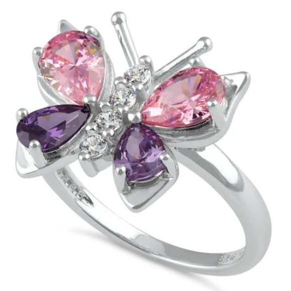 925 STERLING SILVER Simulated Amethyst & Pink Sapphire CZ Butterfly Ring - Picture 13 of 16